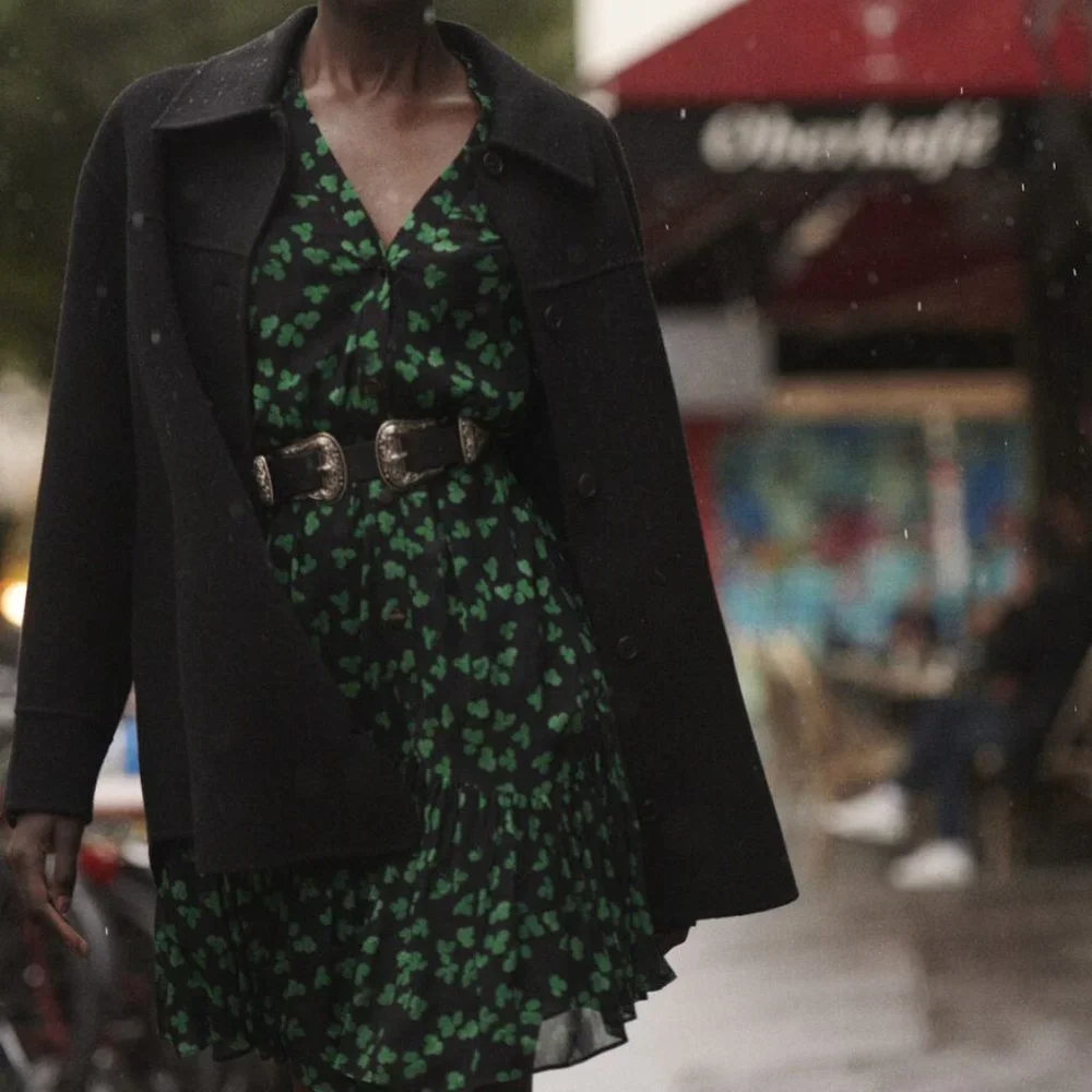 The kooples SHORT BLACK DRESS WITH GREEN PATTERN AND BELT